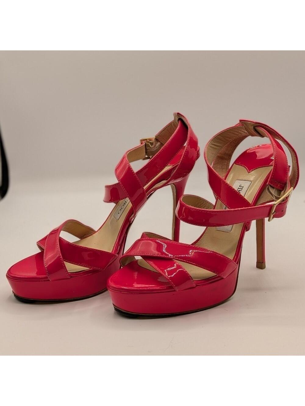Jimmy Choo Vamp 37.5 Red Patent Leather Platform Strappy Stiletto Sandals Italy